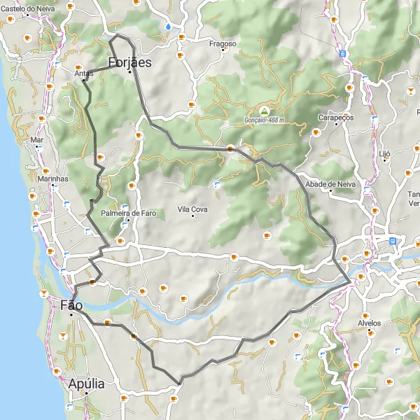 Miniatura do mapa de inspiração para ciclismo "Caminho Costeiro de Fão a Gilmonde" em Norte, Portugal. Gerado pelo planejador de rotas de ciclismo Tarmacs.app