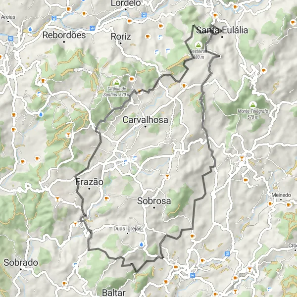 Miniatura do mapa de inspiração para ciclismo "Jornada Rural e Cultural" em Norte, Portugal. Gerado pelo planejador de rotas de ciclismo Tarmacs.app