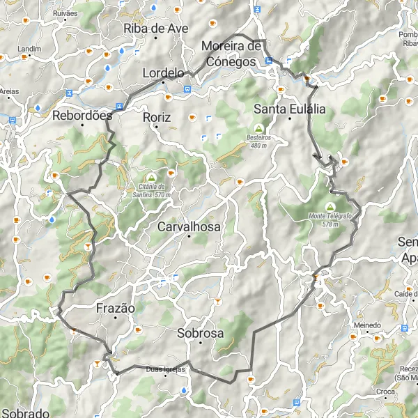 Miniatura do mapa de inspiração para ciclismo "Aventura Gondalães-Santo Adrião de Vizela" em Norte, Portugal. Gerado pelo planejador de rotas de ciclismo Tarmacs.app