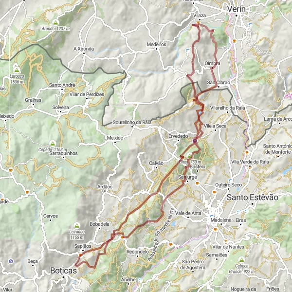 Miniatura do mapa de inspiração para ciclismo "Aventura Transfronteiriça" em Norte, Portugal. Gerado pelo planejador de rotas de ciclismo Tarmacs.app