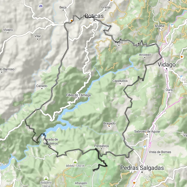 Miniatura do mapa de inspiração para ciclismo "Desafio de Montanha de Vidago" em Norte, Portugal. Gerado pelo planejador de rotas de ciclismo Tarmacs.app