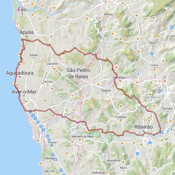 Miniatura do mapa de inspiração para ciclismo "Rota de Gravel de Póvoa de Varzim" em Norte, Portugal. Gerado pelo planejador de rotas de ciclismo Tarmacs.app