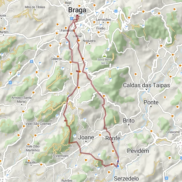 Miniatura do mapa de inspiração para ciclismo "Rota de Braga a São Vicente" em Norte, Portugal. Gerado pelo planejador de rotas de ciclismo Tarmacs.app