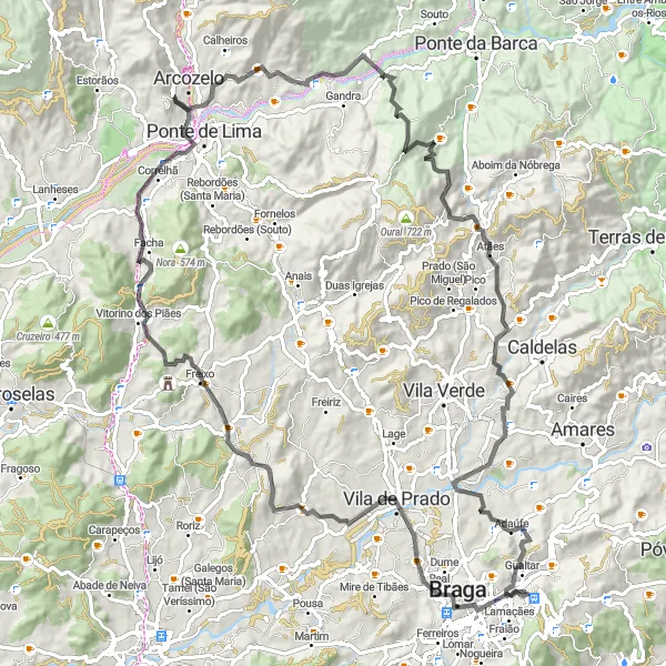 Miniatura do mapa de inspiração para ciclismo "Exploração Cultural até Ponte de Lima" em Norte, Portugal. Gerado pelo planejador de rotas de ciclismo Tarmacs.app