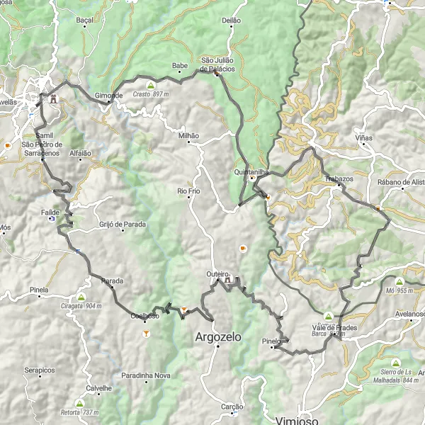 Miniatura do mapa de inspiração para ciclismo "Rota cénica pelas aldeias históricas e planaltos de Bragança" em Norte, Portugal. Gerado pelo planejador de rotas de ciclismo Tarmacs.app