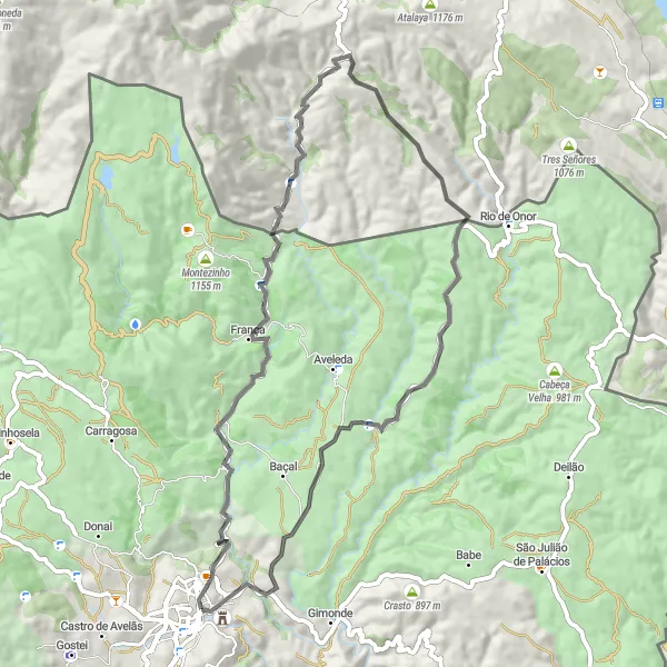 Miniatura do mapa de inspiração para ciclismo "Passeio de estrada pelas redondezas de Bragança" em Norte, Portugal. Gerado pelo planejador de rotas de ciclismo Tarmacs.app