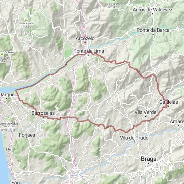 Miniatura do mapa de inspiração para ciclismo "Rota de Ciclismo de Gravel em Caldelas" em Norte, Portugal. Gerado pelo planejador de rotas de ciclismo Tarmacs.app