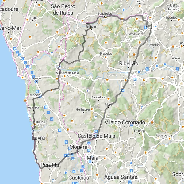Miniatura do mapa de inspiração para ciclismo "Circuito Costeiro de Vila Chã" em Norte, Portugal. Gerado pelo planejador de rotas de ciclismo Tarmacs.app