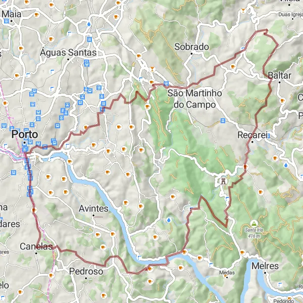 Miniatura do mapa de inspiração para ciclismo "Canelas para Solar Condes de Resende" em Norte, Portugal. Gerado pelo planejador de rotas de ciclismo Tarmacs.app