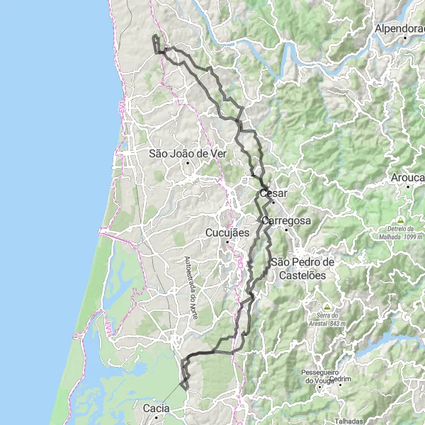 Miniatura do mapa de inspiração para ciclismo "Aventura de Ciclismo pelos Miradouros de Aveiro" em Norte, Portugal. Gerado pelo planejador de rotas de ciclismo Tarmacs.app
