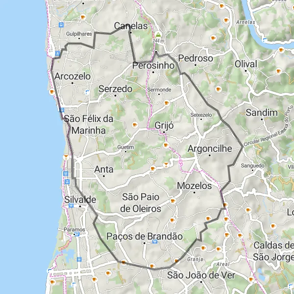 Miniatura do mapa de inspiração para ciclismo "Canelas to Espinho Road Cycling Route" em Norte, Portugal. Gerado pelo planejador de rotas de ciclismo Tarmacs.app