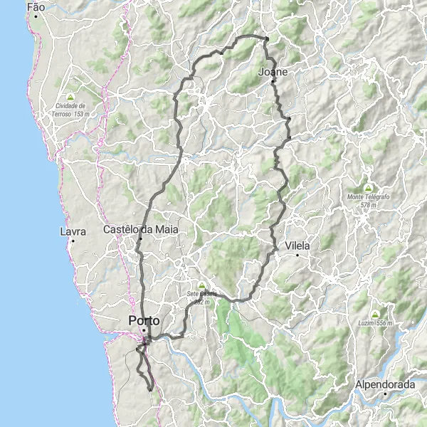 Miniatura do mapa de inspiração para ciclismo "Aventura até Monte Alto" em Norte, Portugal. Gerado pelo planejador de rotas de ciclismo Tarmacs.app