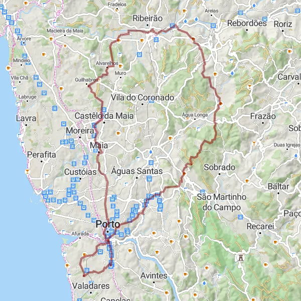 Miniatura do mapa de inspiração para ciclismo "Exploração Histórica de Gaia e Maia" em Norte, Portugal. Gerado pelo planejador de rotas de ciclismo Tarmacs.app