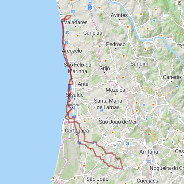 Miniatura do mapa de inspiração para ciclismo "Rota de Gravel Casino Espinho" em Norte, Portugal. Gerado pelo planejador de rotas de ciclismo Tarmacs.app