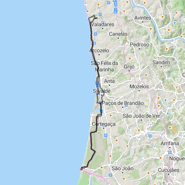 Miniatura do mapa de inspiração para ciclismo "Caminho da Costa de Espinho" em Norte, Portugal. Gerado pelo planejador de rotas de ciclismo Tarmacs.app