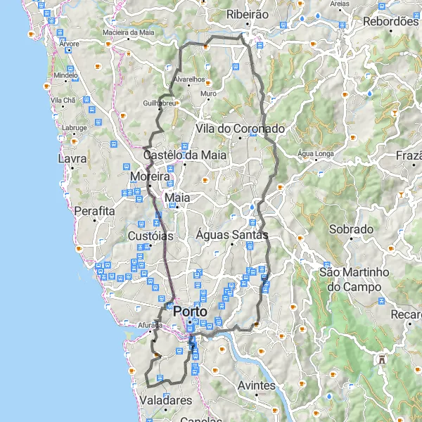 Miniatura do mapa de inspiração para ciclismo "Rota de Ciclismo de Estrada Canidelo - Norte" em Norte, Portugal. Gerado pelo planejador de rotas de ciclismo Tarmacs.app