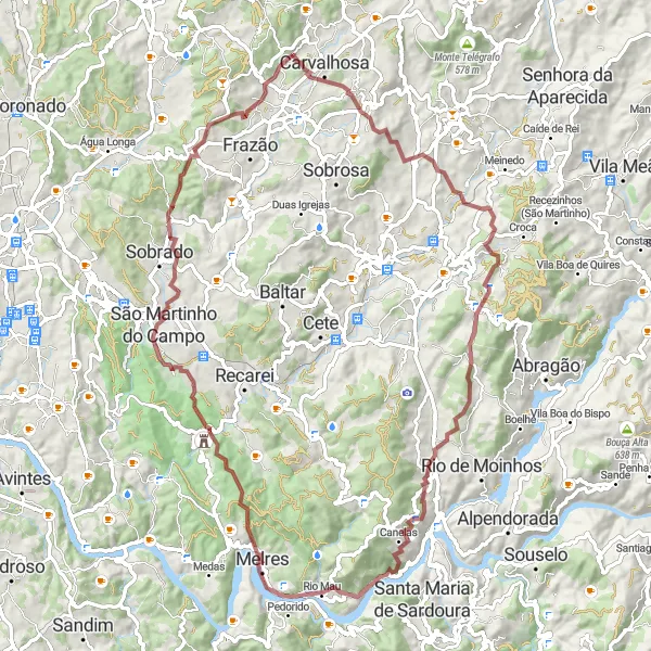 Miniatura do mapa de inspiração para ciclismo "Aventura Gravel em Melres" em Norte, Portugal. Gerado pelo planejador de rotas de ciclismo Tarmacs.app
