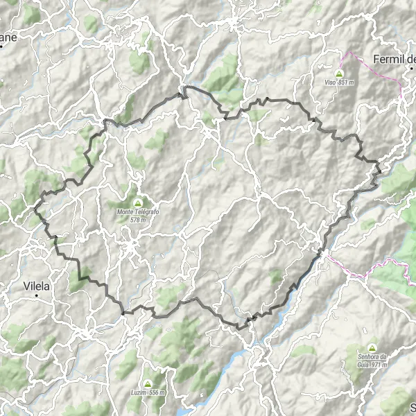 Miniatura do mapa de inspiração para ciclismo "Rota Épica pelos Vales de Vizela" em Norte, Portugal. Gerado pelo planejador de rotas de ciclismo Tarmacs.app