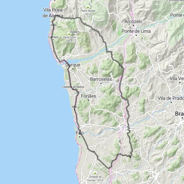 Miniatura do mapa de inspiração para ciclismo "Passeio pelo litoral e aldeias pitorescas" em Norte, Portugal. Gerado pelo planejador de rotas de ciclismo Tarmacs.app