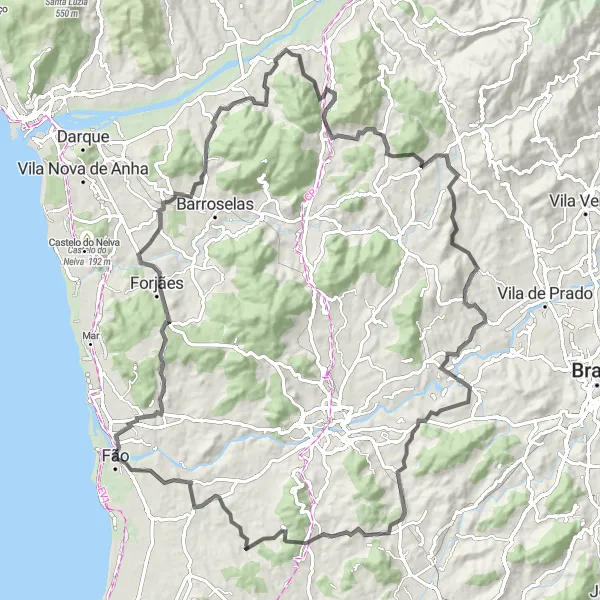 Miniatura do mapa de inspiração para ciclismo "Rota Costeira de Fão a Carvalhas" em Norte, Portugal. Gerado pelo planejador de rotas de ciclismo Tarmacs.app