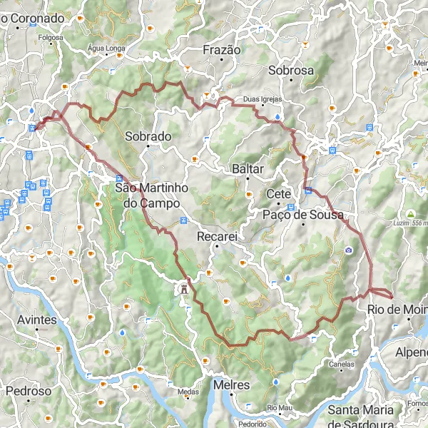 Map miniature of "Gravel Route - Alfena to São Martinho do Campo" cycling inspiration in Norte, Portugal. Generated by Tarmacs.app cycling route planner