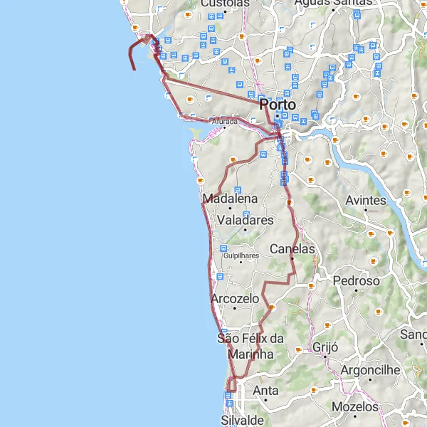 Miniatura do mapa de inspiração para ciclismo "Rota Costeira de Porto" em Norte, Portugal. Gerado pelo planejador de rotas de ciclismo Tarmacs.app