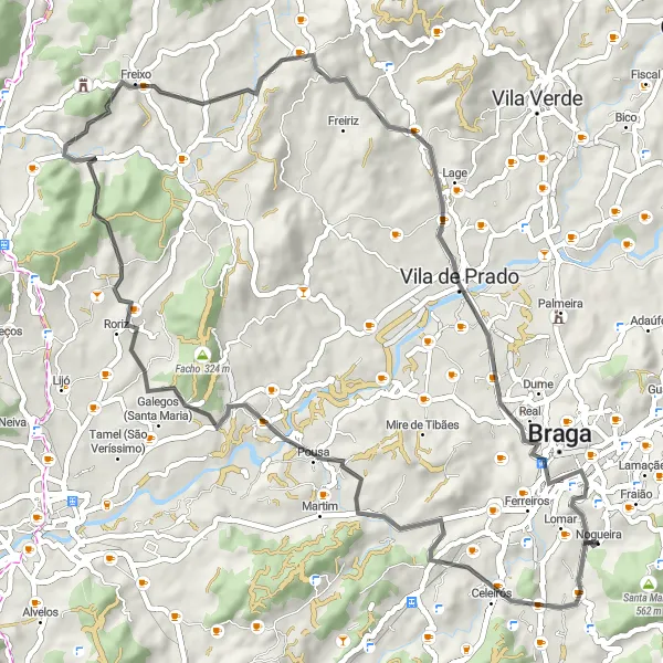 Miniatura do mapa de inspiração para ciclismo "Rota da Pelourinho do Prado" em Norte, Portugal. Gerado pelo planejador de rotas de ciclismo Tarmacs.app