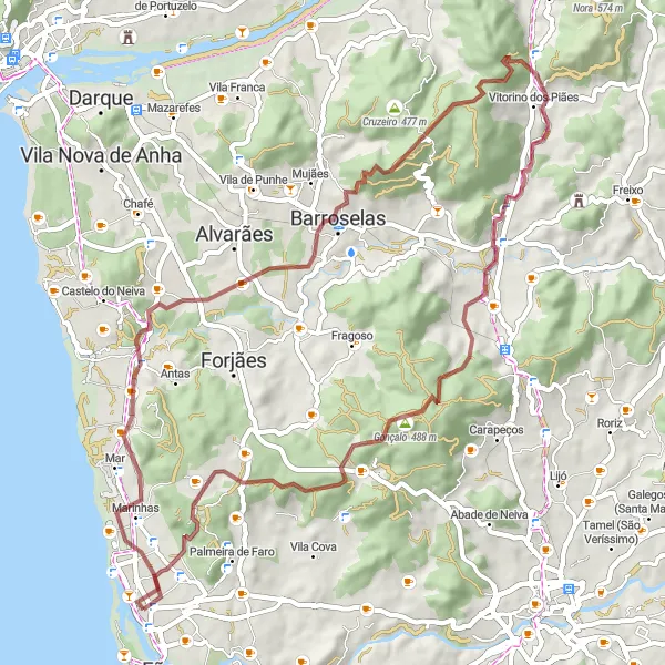Miniatura do mapa de inspiração para ciclismo "Coastal Gravel Ride to Pelourinho de Esposende" em Norte, Portugal. Gerado pelo planejador de rotas de ciclismo Tarmacs.app