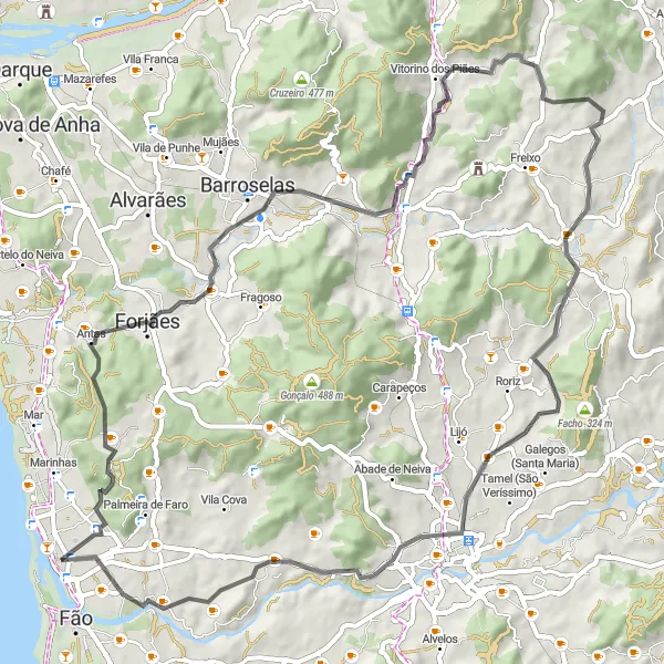 Miniatura do mapa de inspiração para ciclismo "Exploração rural de Esposende" em Norte, Portugal. Gerado pelo planejador de rotas de ciclismo Tarmacs.app