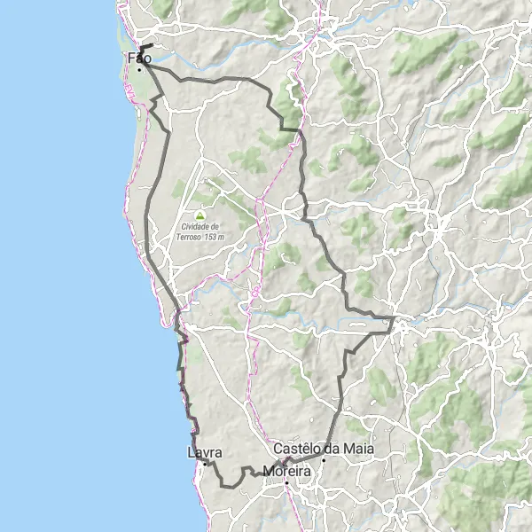 Miniatura do mapa de inspiração para ciclismo "Rural Charm of Póvoa de Varzim" em Norte, Portugal. Gerado pelo planejador de rotas de ciclismo Tarmacs.app