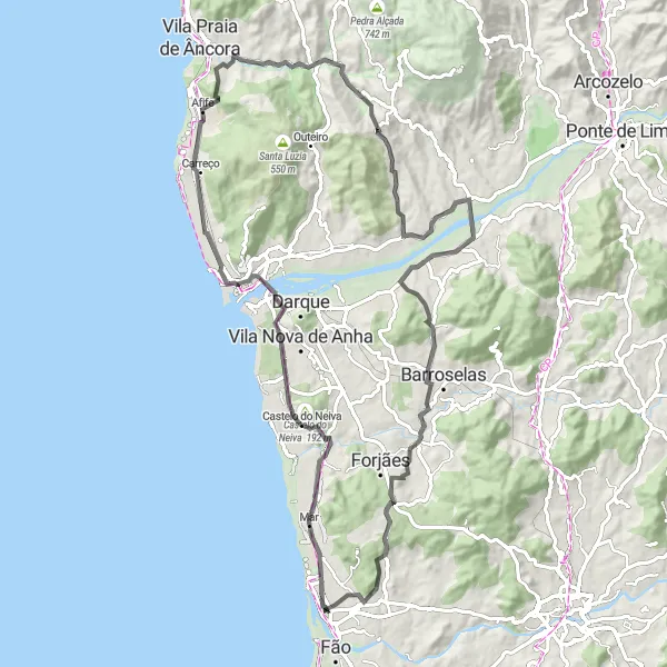 Miniatura do mapa de inspiração para ciclismo "Afife Coastal Road" em Norte, Portugal. Gerado pelo planejador de rotas de ciclismo Tarmacs.app