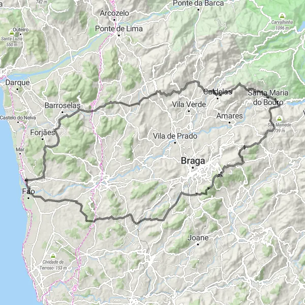 Miniatura do mapa de inspiração para ciclismo "Mountainous Adventure to Fão" em Norte, Portugal. Gerado pelo planejador de rotas de ciclismo Tarmacs.app