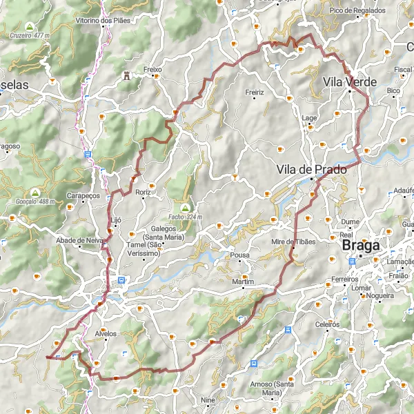 Miniatura do mapa de inspiração para ciclismo "Rota de Ciclismo de Gravel de Vila Boa a Milhazes" em Norte, Portugal. Gerado pelo planejador de rotas de ciclismo Tarmacs.app
