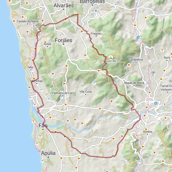 Miniatura do mapa de inspiração para ciclismo "Rota de Ciclismo de Gravel de Pelourinho de Esposende a Milhazes" em Norte, Portugal. Gerado pelo planejador de rotas de ciclismo Tarmacs.app