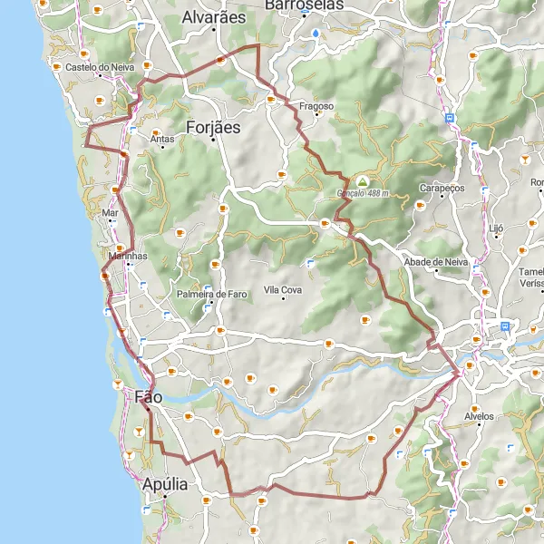 Miniatura do mapa de inspiração para ciclismo "Circuito Rural por Barqueiros e Milhazes" em Norte, Portugal. Gerado pelo planejador de rotas de ciclismo Tarmacs.app