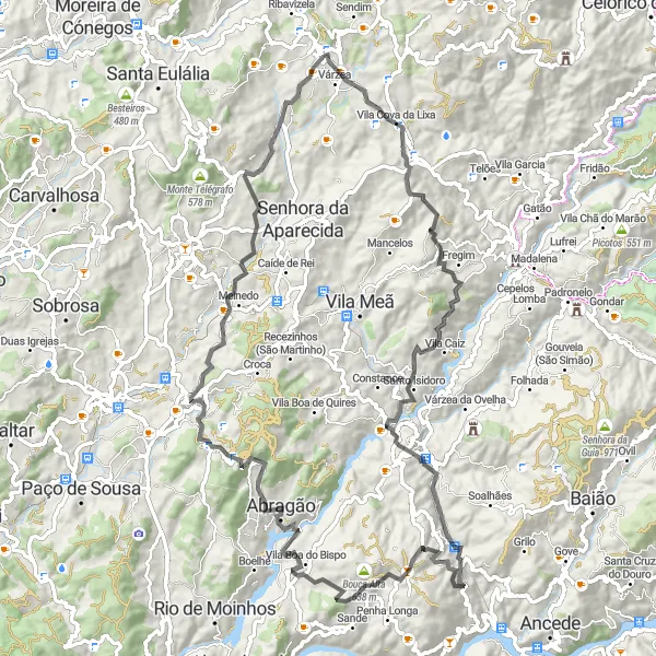 Map miniature of "Felgueiras Mountain Explorer" cycling inspiration in Norte, Portugal. Generated by Tarmacs.app cycling route planner