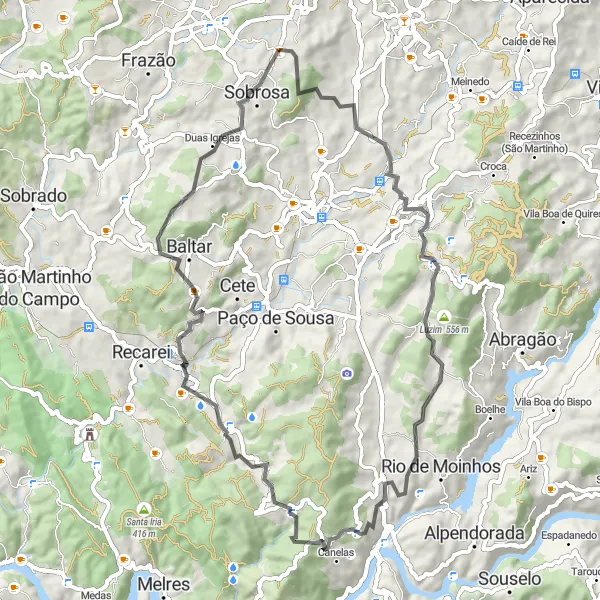 Map miniature of "Serra de São Tiago, Novelas, Perozelo, São Pedro, Capela, São Silvestre, Vandoma, Ferreira" cycling inspiration in Norte, Portugal. Generated by Tarmacs.app cycling route planner
