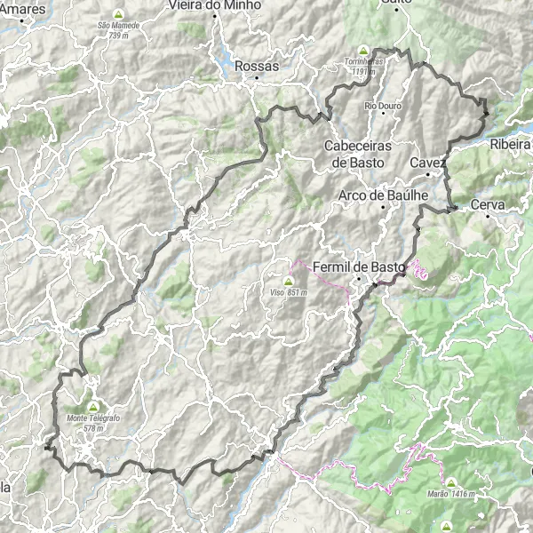 Map miniature of "Challenging Circuit to Mondim de Basto" cycling inspiration in Norte, Portugal. Generated by Tarmacs.app cycling route planner