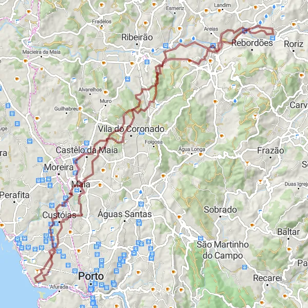 Map miniature of "Challenging Gravel Adventure in Foz do Douro" cycling inspiration in Norte, Portugal. Generated by Tarmacs.app cycling route planner