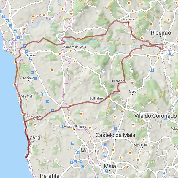 Miniatura do mapa de inspiração para ciclismo "Caminho das Aves de Fradelos" em Norte, Portugal. Gerado pelo planejador de rotas de ciclismo Tarmacs.app