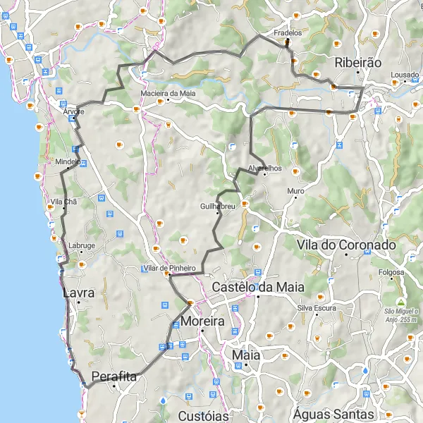 Miniatura do mapa de inspiração para ciclismo "Rota do Litoral de Fradelos" em Norte, Portugal. Gerado pelo planejador de rotas de ciclismo Tarmacs.app