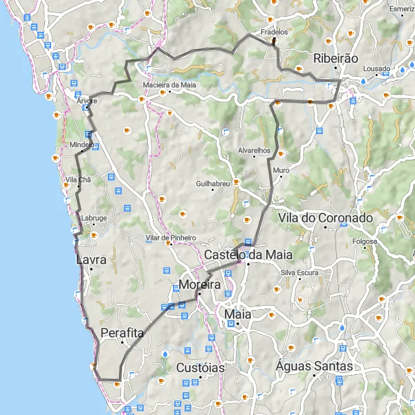 Miniatura do mapa de inspiração para ciclismo "Exploração de Road em Fradelos e Trofa" em Norte, Portugal. Gerado pelo planejador de rotas de ciclismo Tarmacs.app