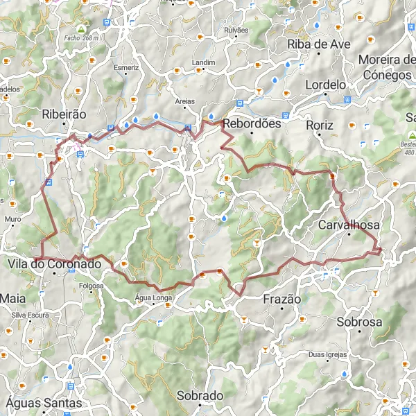 Miniatura do mapa de inspiração para ciclismo "Scenic gravel ride to Lousado" em Norte, Portugal. Gerado pelo planejador de rotas de ciclismo Tarmacs.app