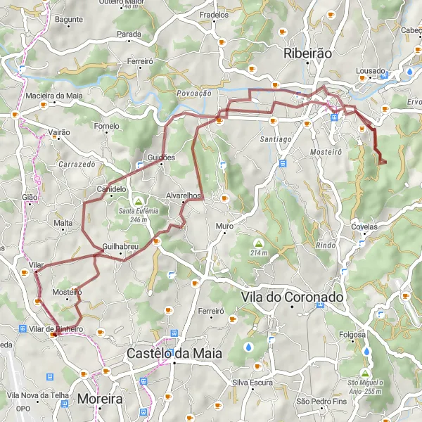 Miniatura do mapa de inspiração para ciclismo "Mistérios de Alvarelhos Gravel" em Norte, Portugal. Gerado pelo planejador de rotas de ciclismo Tarmacs.app