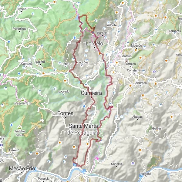 Map miniature of "Godim Gravel Adventure" cycling inspiration in Norte, Portugal. Generated by Tarmacs.app cycling route planner