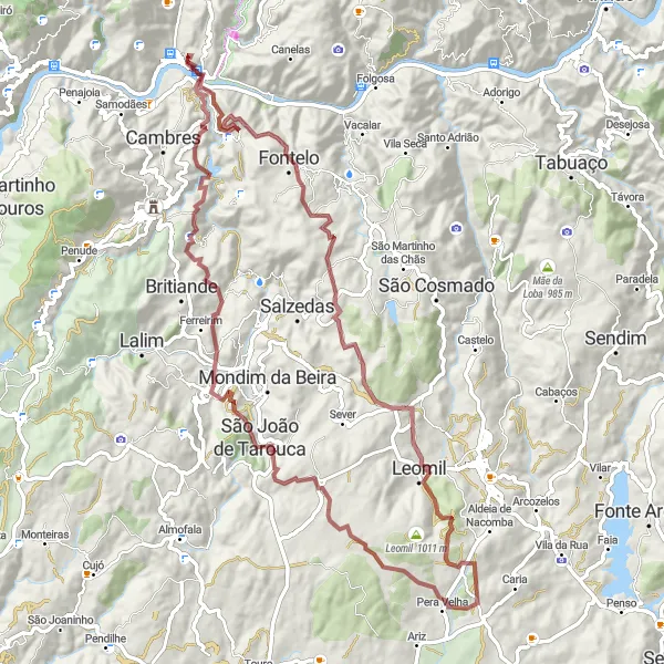 Map miniature of "Godim to Peso da Régua Gravel Adventure" cycling inspiration in Norte, Portugal. Generated by Tarmacs.app cycling route planner