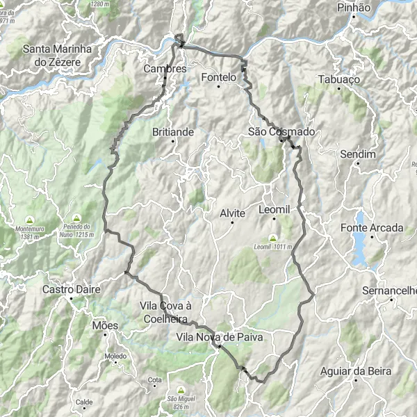 Miniatura do mapa de inspiração para ciclismo "Rota do Vinho do Douro" em Norte, Portugal. Gerado pelo planejador de rotas de ciclismo Tarmacs.app