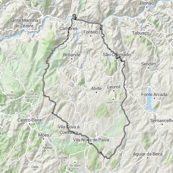 Map miniature of "Vila Cova à Coelheira Loop" cycling inspiration in Norte, Portugal. Generated by Tarmacs.app cycling route planner