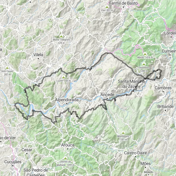 Miniatura do mapa de inspiração para ciclismo "Volta de Ciclismo Estrada a partir de Godim" em Norte, Portugal. Gerado pelo planejador de rotas de ciclismo Tarmacs.app