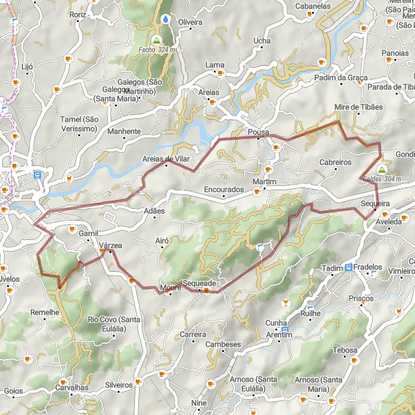 Map miniature of "Gondizalves Gravel Cycling Route" cycling inspiration in Norte, Portugal. Generated by Tarmacs.app cycling route planner